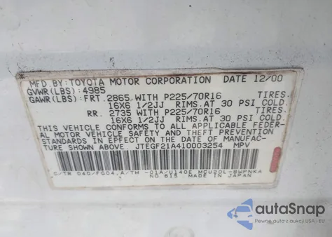 2001 Toyota Highlander V6 z USA, uszkodzony, nr VIN JTEGF21A410003254